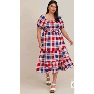 Torrid Challis Puff Sleeve Tiered Dress Plaid JULY Red, White & Blue Size 4/4X